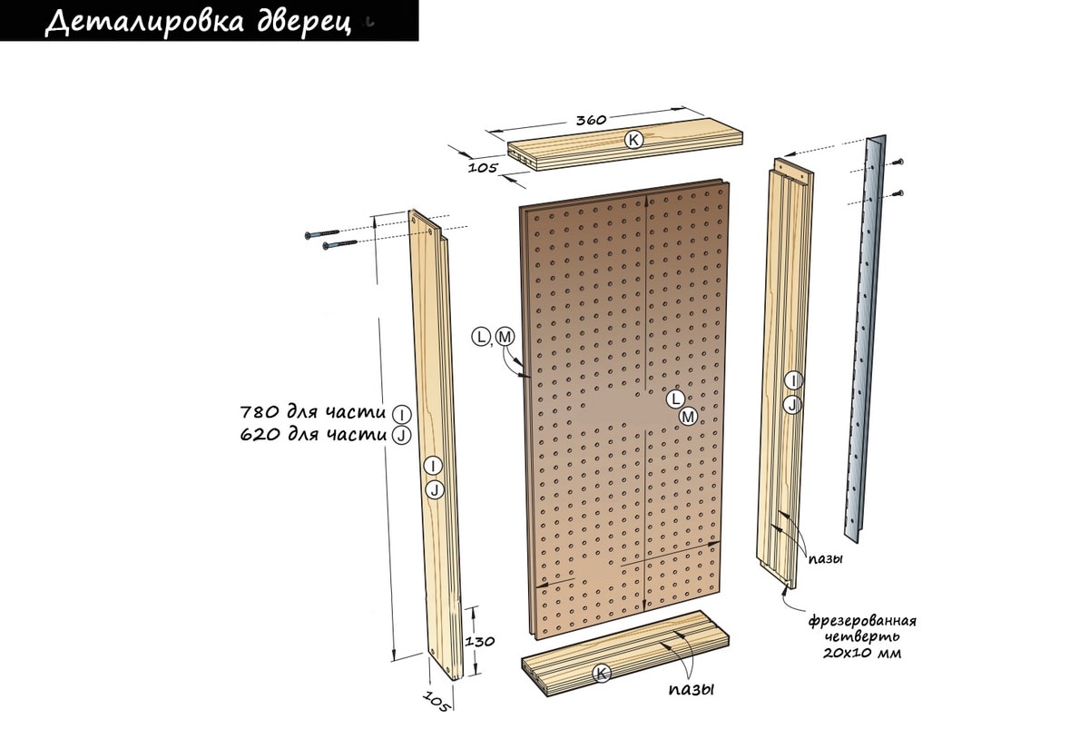 Деталировка дверец деревянного шкафа для инструментов.